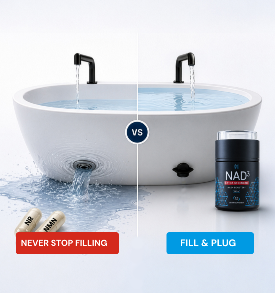 Two bathtubs: Never Stop Filling drains water; Fill and Plug shows a NAD3 Extra Strength bottle