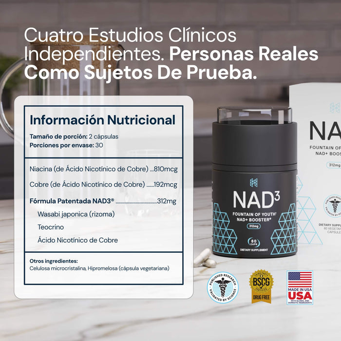 NAD3® 30 • Un suplemento dietético totalmente natural NAD+ Booster® (suministro para 15 días)