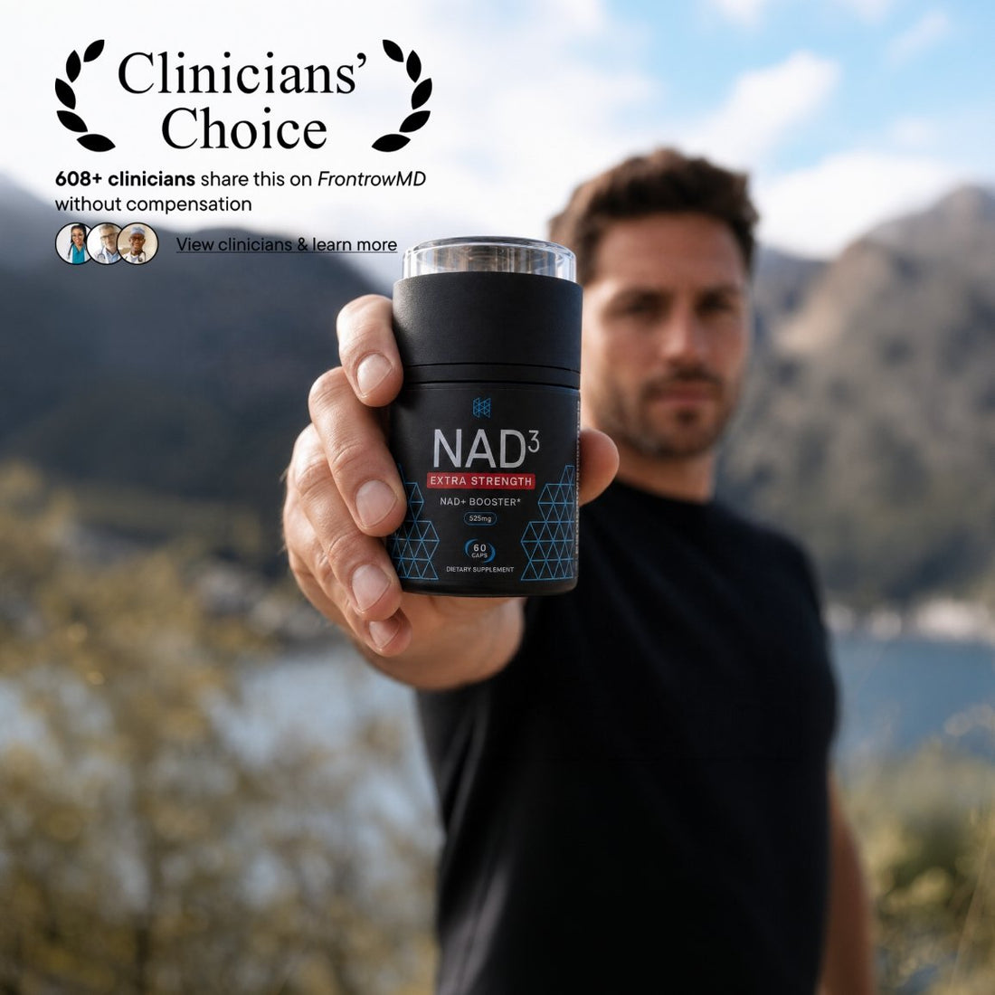 Man holding NAD3 Extra Strength outdoors, Clinicians' Choice